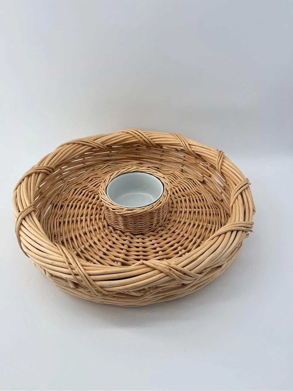 Large Rattan Wicker Chip and Dip Basket Woven Server Tray 15”